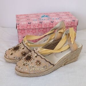 Ameta Beige Beaded Wedge Espadrille with Lace-Up Detail Size 8
